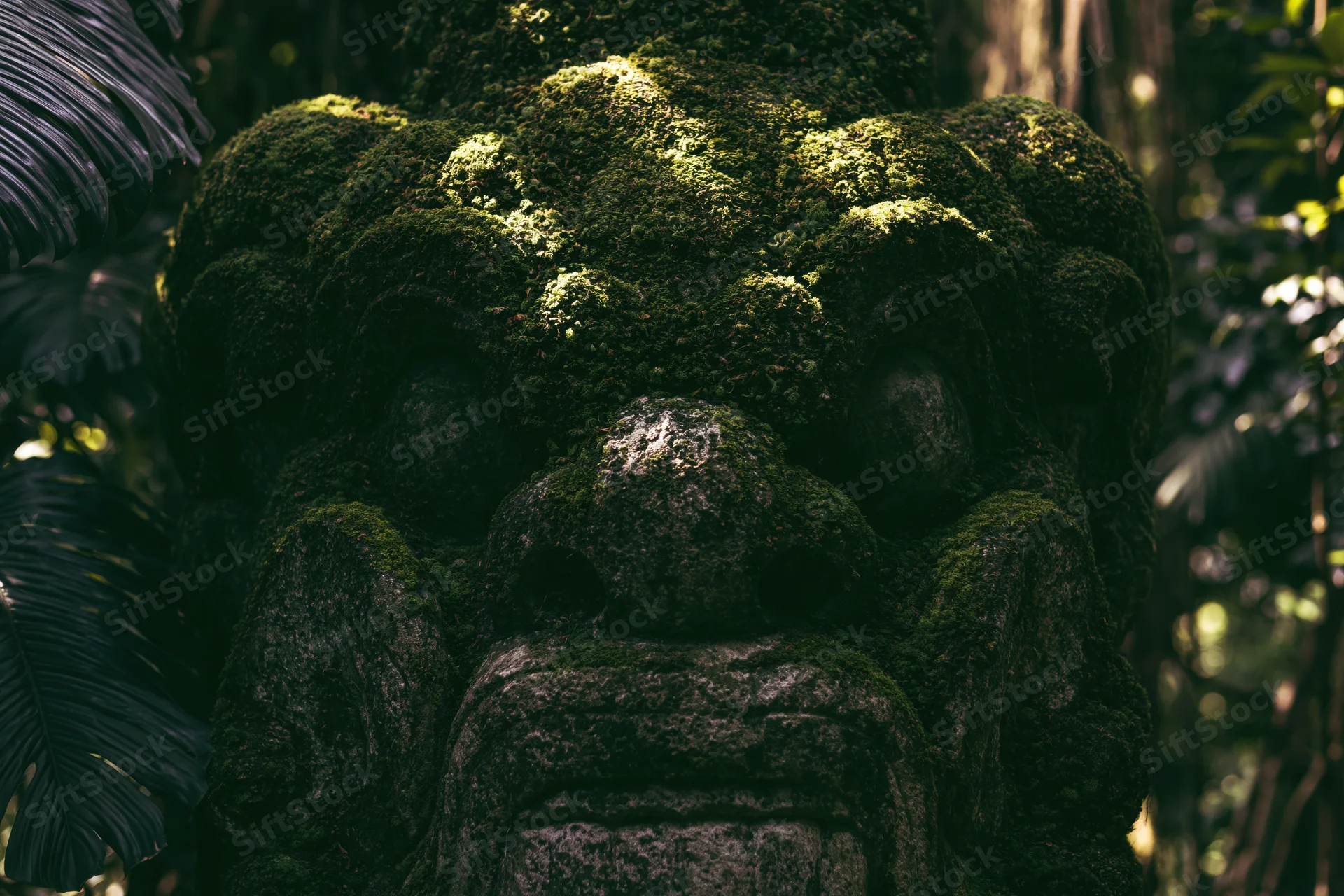 Ancient stone demon face carving covered in thick green moss in a jungle setting