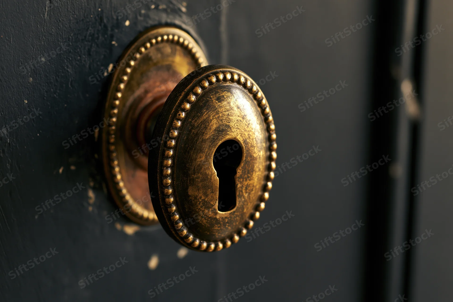 Antique brass door knob with oval beaded escutcheon and keyhole on dark blue door