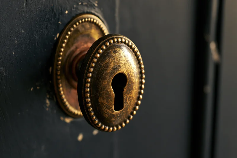 Antique brass door knob with oval beaded escutcheon and keyhole on dark blue door
