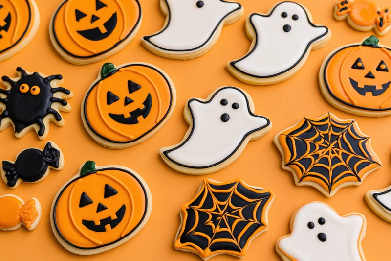 Assorted halloween-themed decorated sugar cookies arranged on orange surface