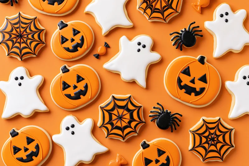 Assorted halloween-themed sugar cookies shaped as pumpkins, ghosts, and spiderwebs arranged on orange background
