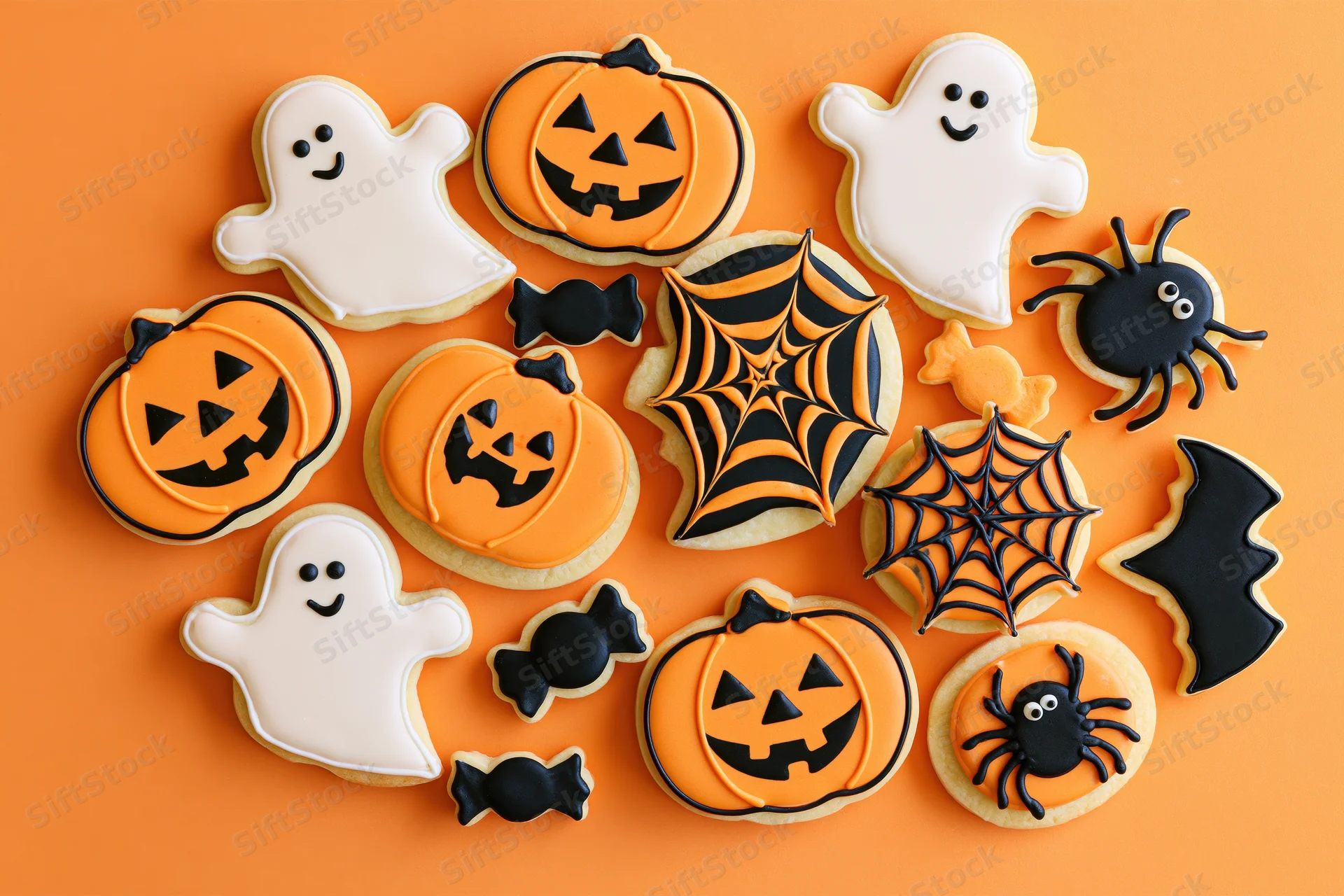 Assorted halloween-themed sugar cookies decorated with icing in shapes of pumpkins, ghosts, spiders, bats, and candy arranged on orange background