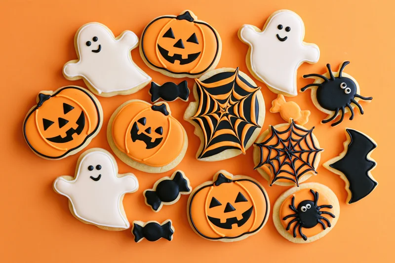 Assorted halloween-themed sugar cookies decorated with icing in shapes of pumpkins, ghosts, spiders, bats, and candy arranged on orange background