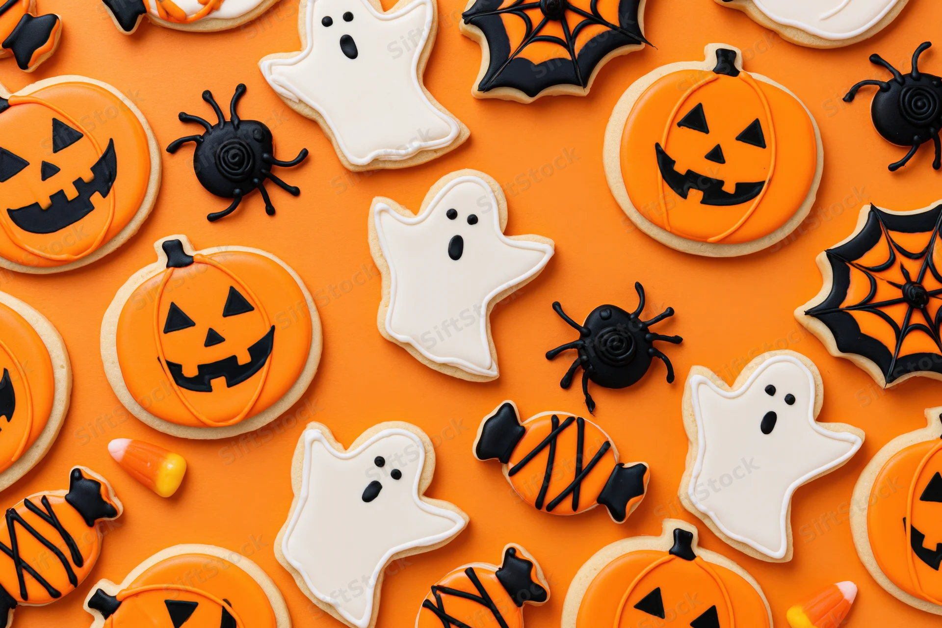 Assorted halloween-themed sugar cookies decorated as pumpkins, ghosts, spiders, and candy on orange background