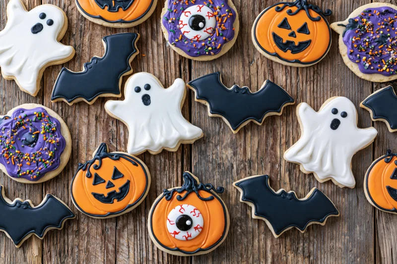 Assorted halloween sugar cookies decorated with royal icing in ghost bat pumpkin and eye shapes on wooden surface