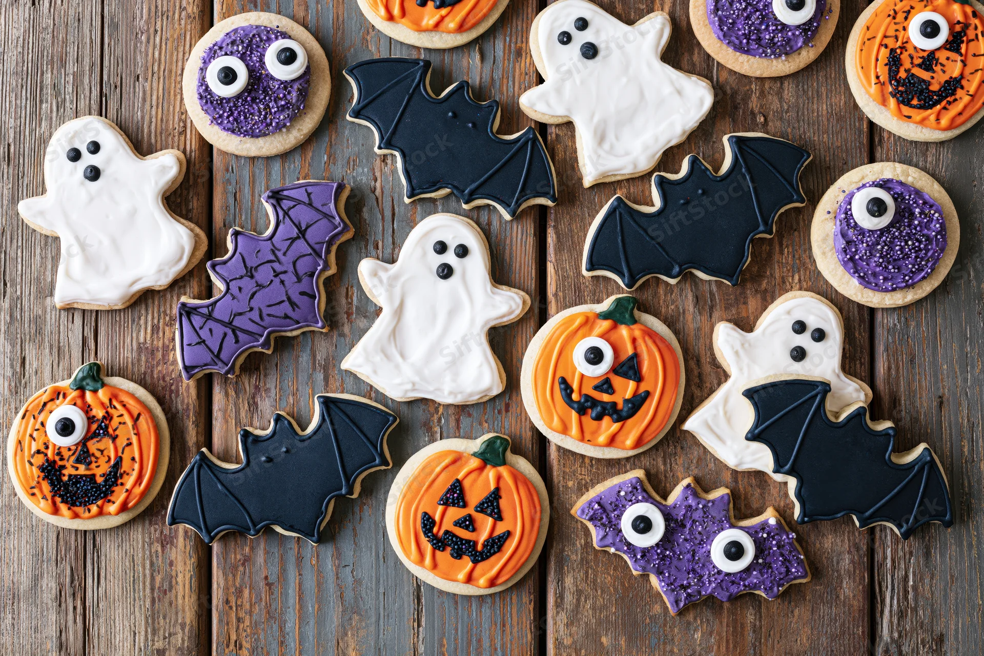 Assorted halloween sugar cookies decorated with royal icing in pumpkin ghost and bat shapes on wooden surface