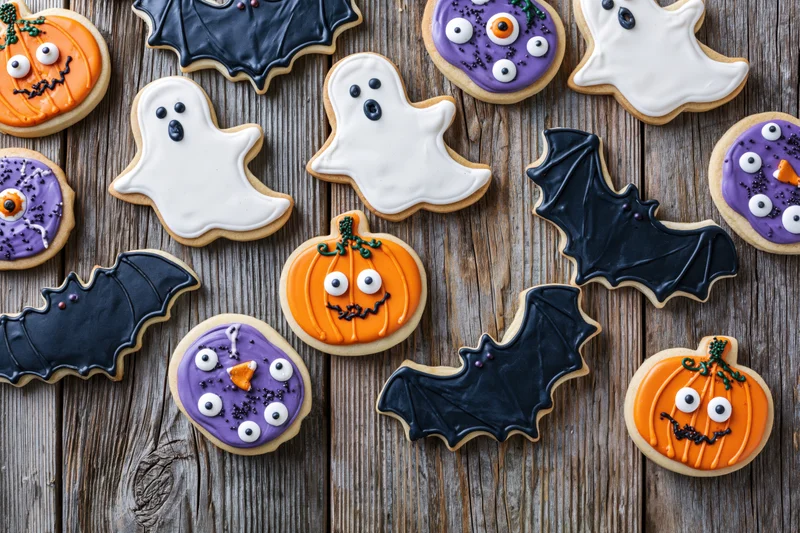 Assorted halloween sugar cookies decorated with royal icing arranged on a wooden surface