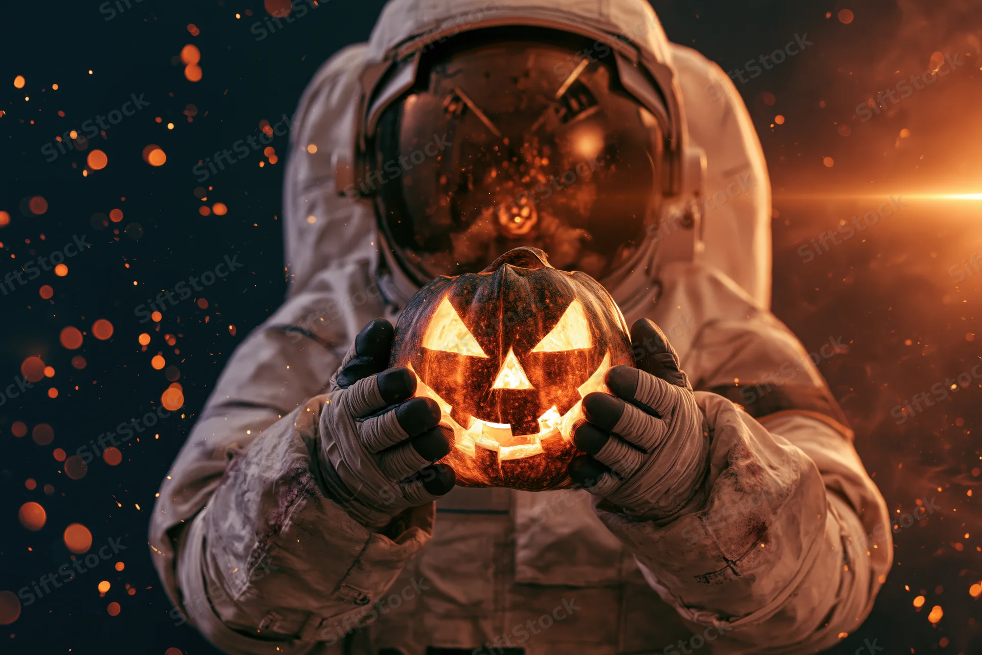 Astronaut holding glowing carved pumpkin in space with sparks and orange light