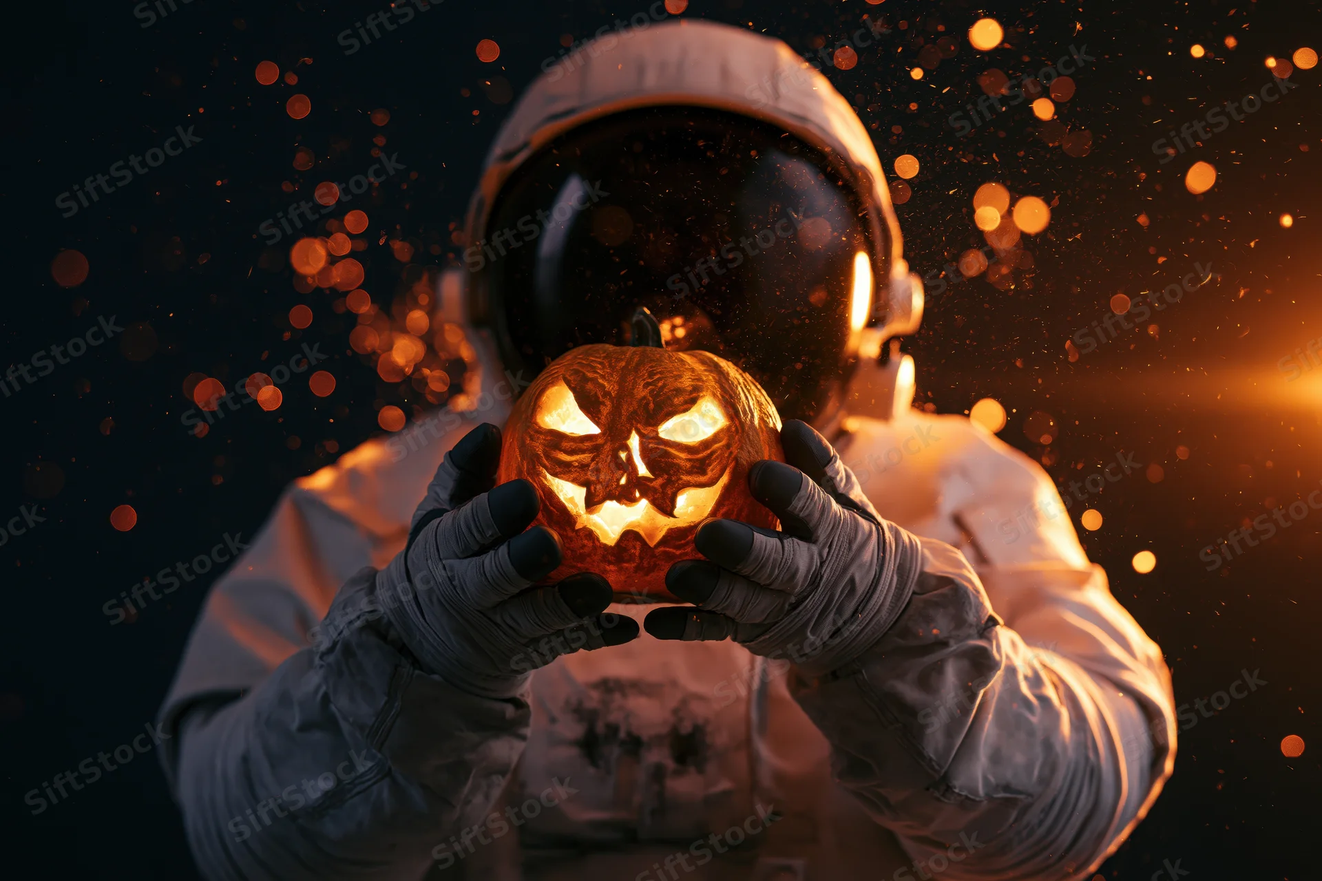 Astronaut holding glowing carved pumpkin in space suit against dark background with orange sparks