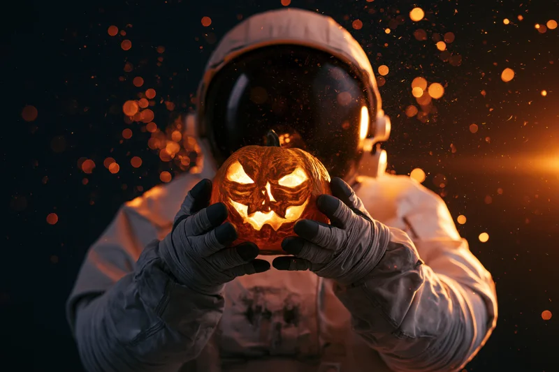 Astronaut holding glowing carved pumpkin in space suit against dark background with orange sparks