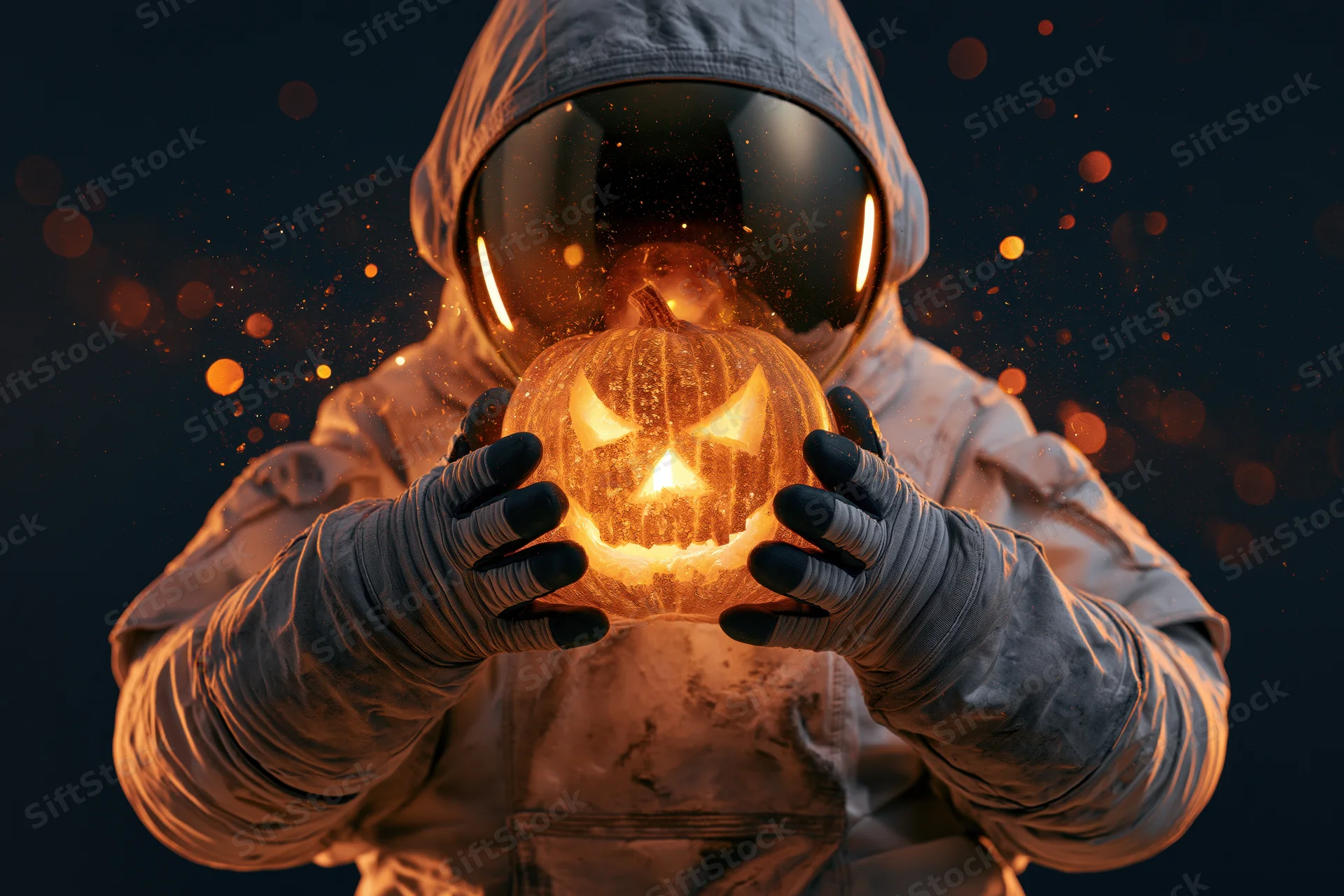 Astronaut in white space suit holding glowing carved jack-o-lantern against dark background with orange bokeh lights