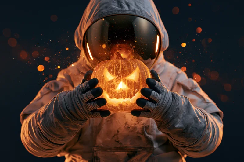 Astronaut in white space suit holding glowing carved jack-o-lantern against dark background with orange bokeh lights