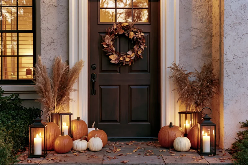 Autumn-decorated front porch with pumpkins, lanterns and wreath at entrance