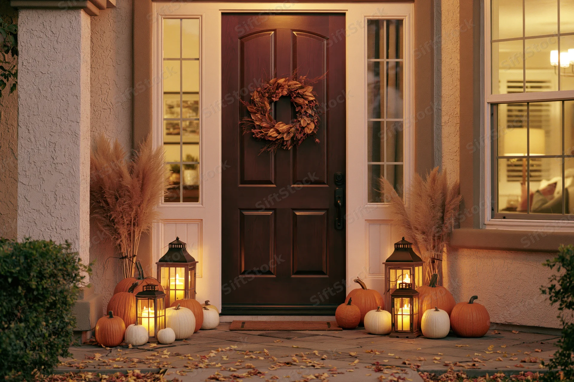 Autumn-decorated front porch with pumpkins, lanterns and wreath at entrance