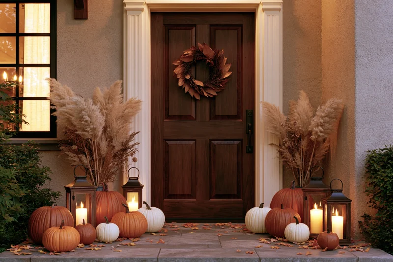 Autumn-decorated front porch with pumpkins, lanterns and wreath flanking a wooden door