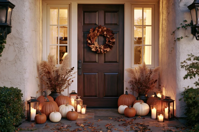 Autumn-decorated front porch with pumpkins, candles and wreath at evening entrance