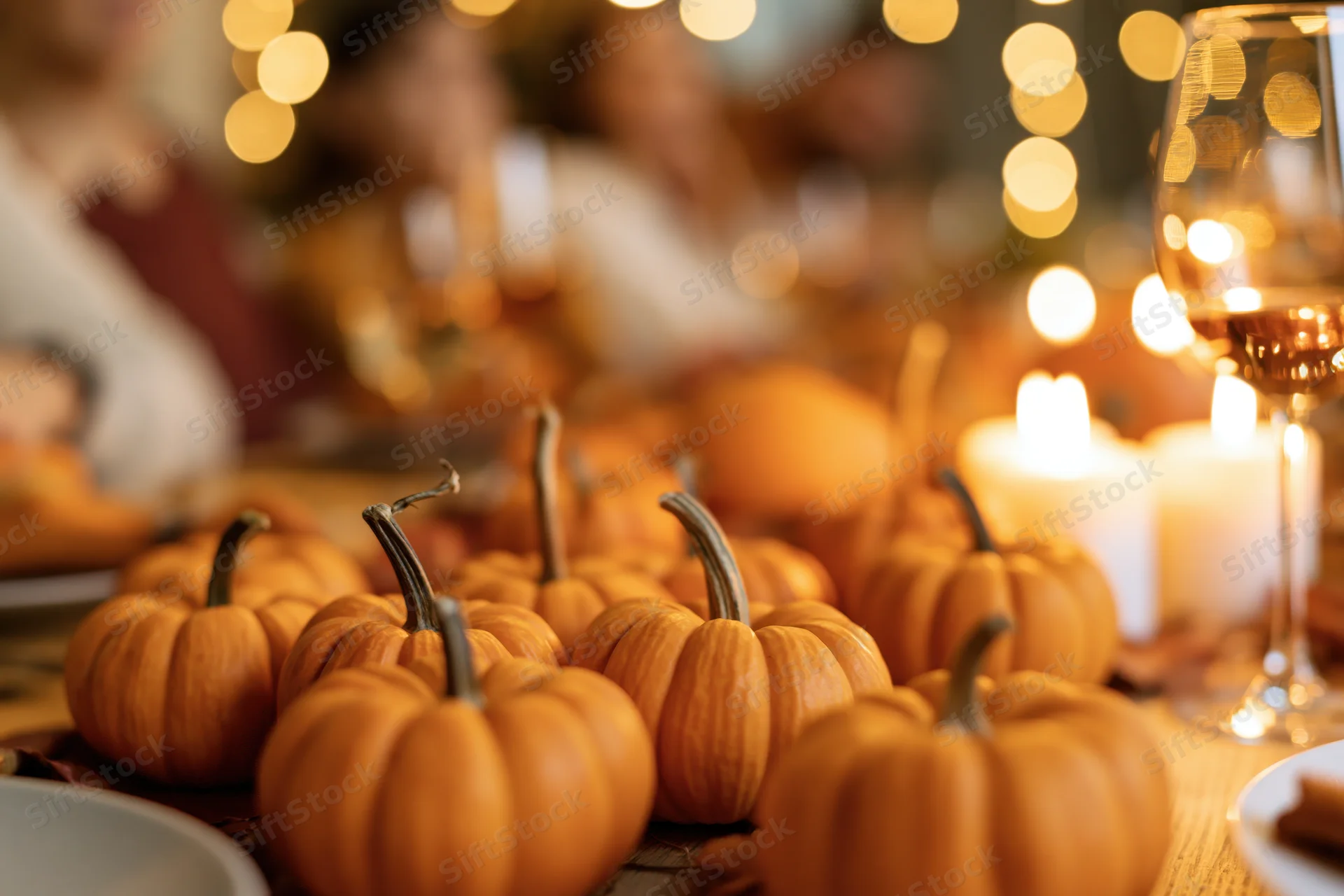 Small orange pumpkins arranged as centerpiece on a dining table with candles and wine glasses during an autumn gathering