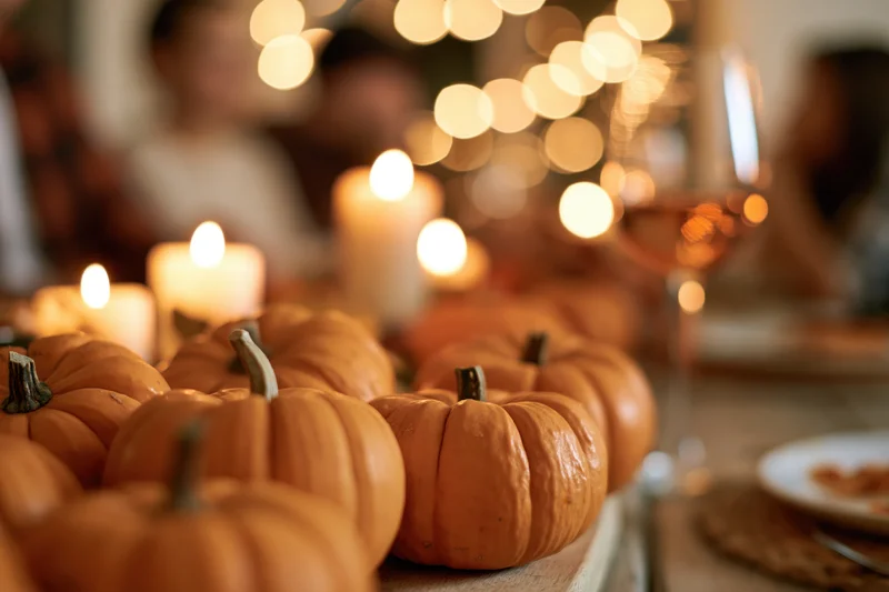 Small orange pumpkins arranged as centerpiece on a dinner table with candles and warm bokeh lights in background
