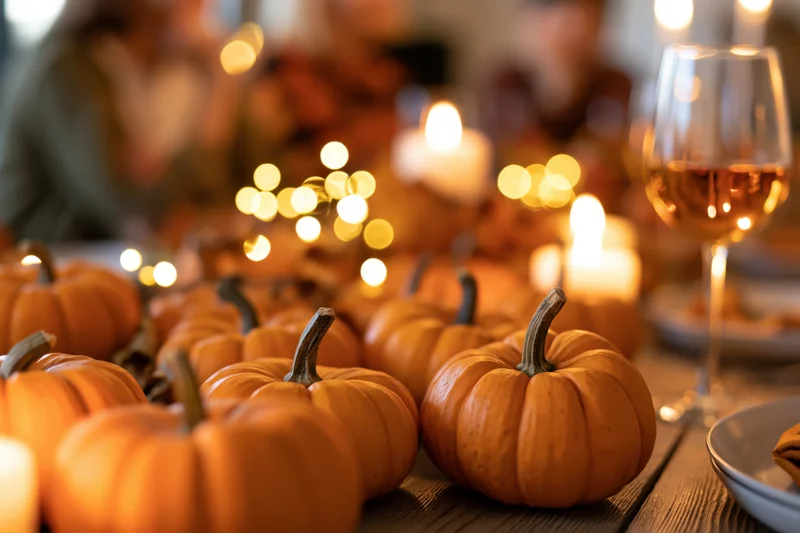 Small orange pumpkins arranged as centerpiece on wooden table with candles and wine glass during autumn dinner gathering