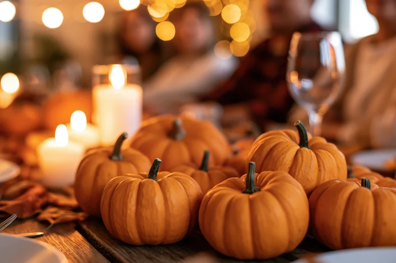 Small orange pumpkins arranged as centerpiece on a wooden table with candles and string lights during a fall dinner gathering