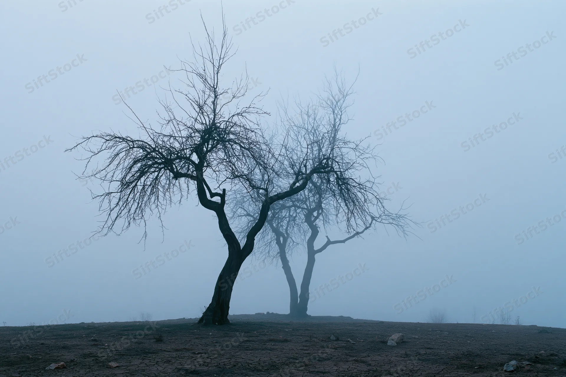 Bare trees standing in dense fog on a flat open field