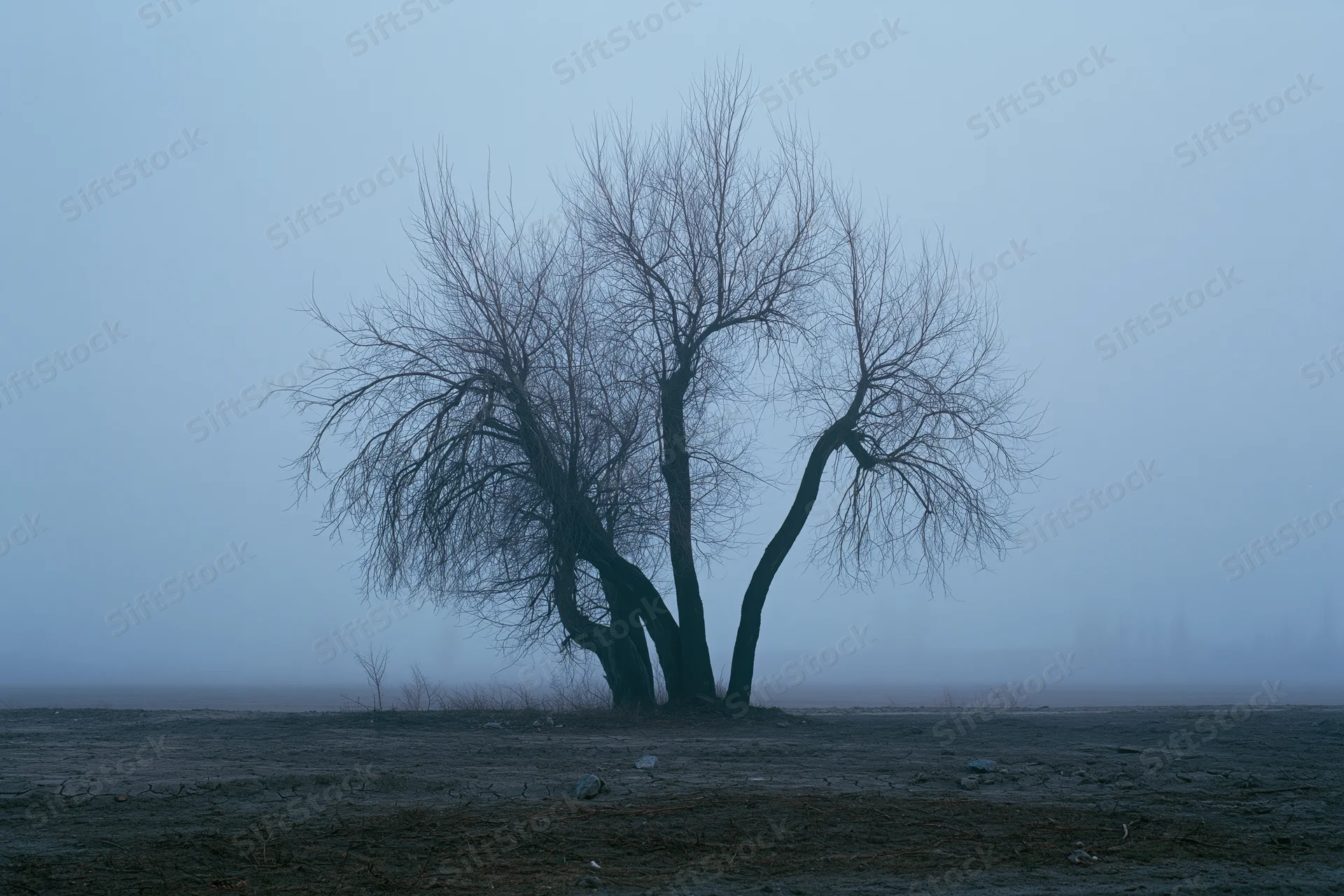 Bare leafless tree standing alone in dense fog on flat muddy ground