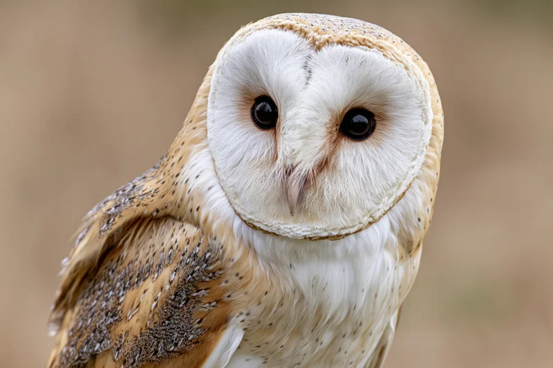 Barn owl facing camera in close-up portrait with round white face and dark eyes