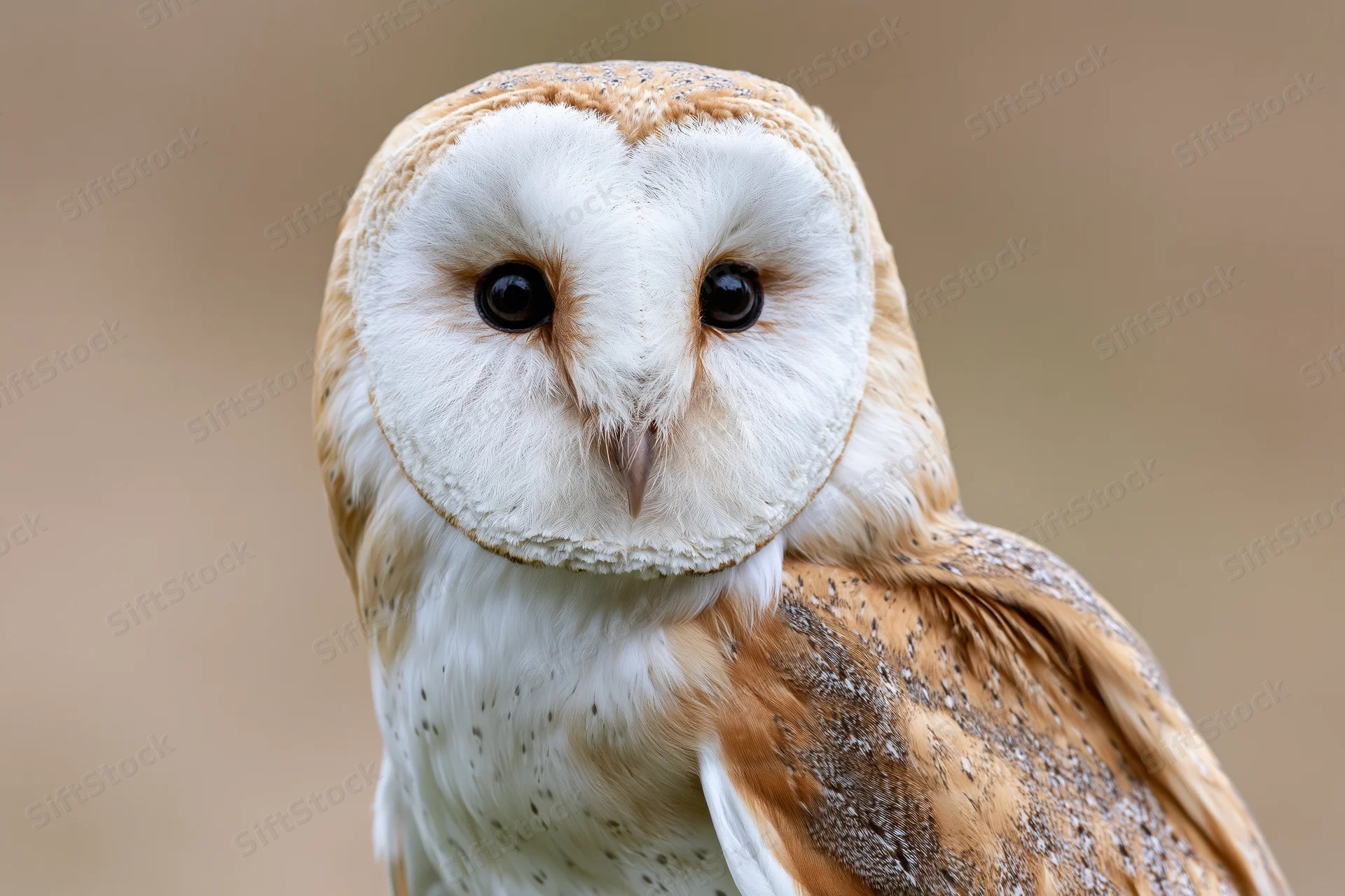 Barn owl facing camera in close-up portrait with heart-shaped facial disc and soft white and brown feathers