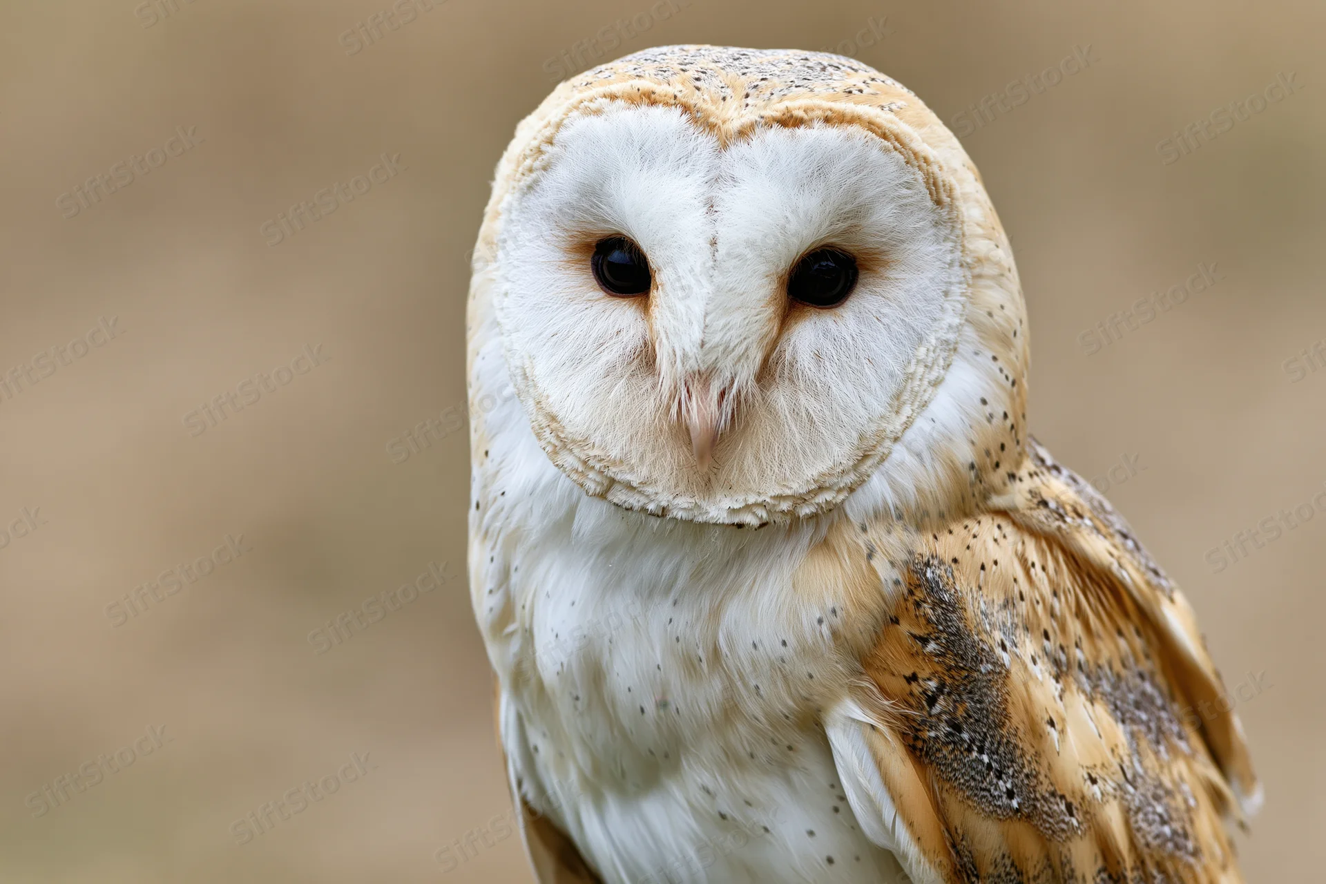 Barn owl facing camera in close-up portrait with heart-shaped face and dark eyes