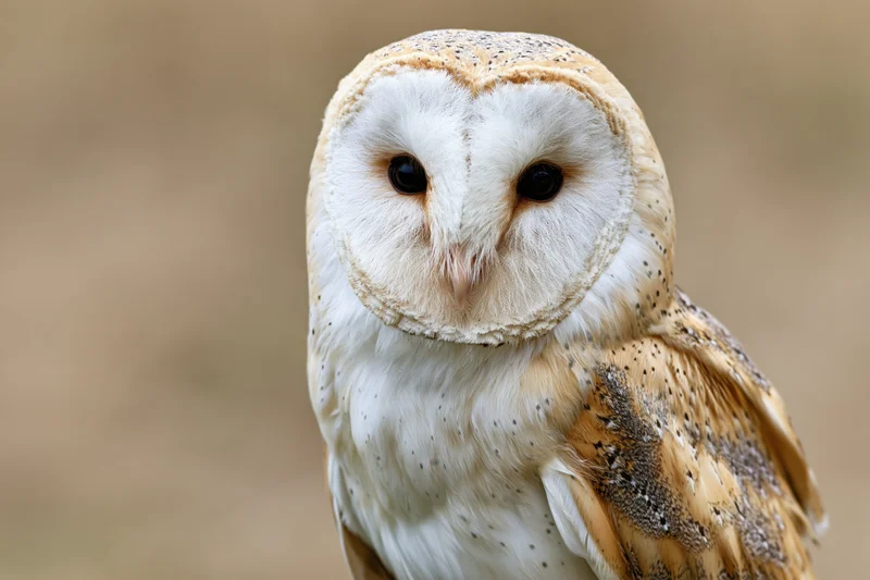 Barn owl facing camera in close-up portrait with heart-shaped face and dark eyes