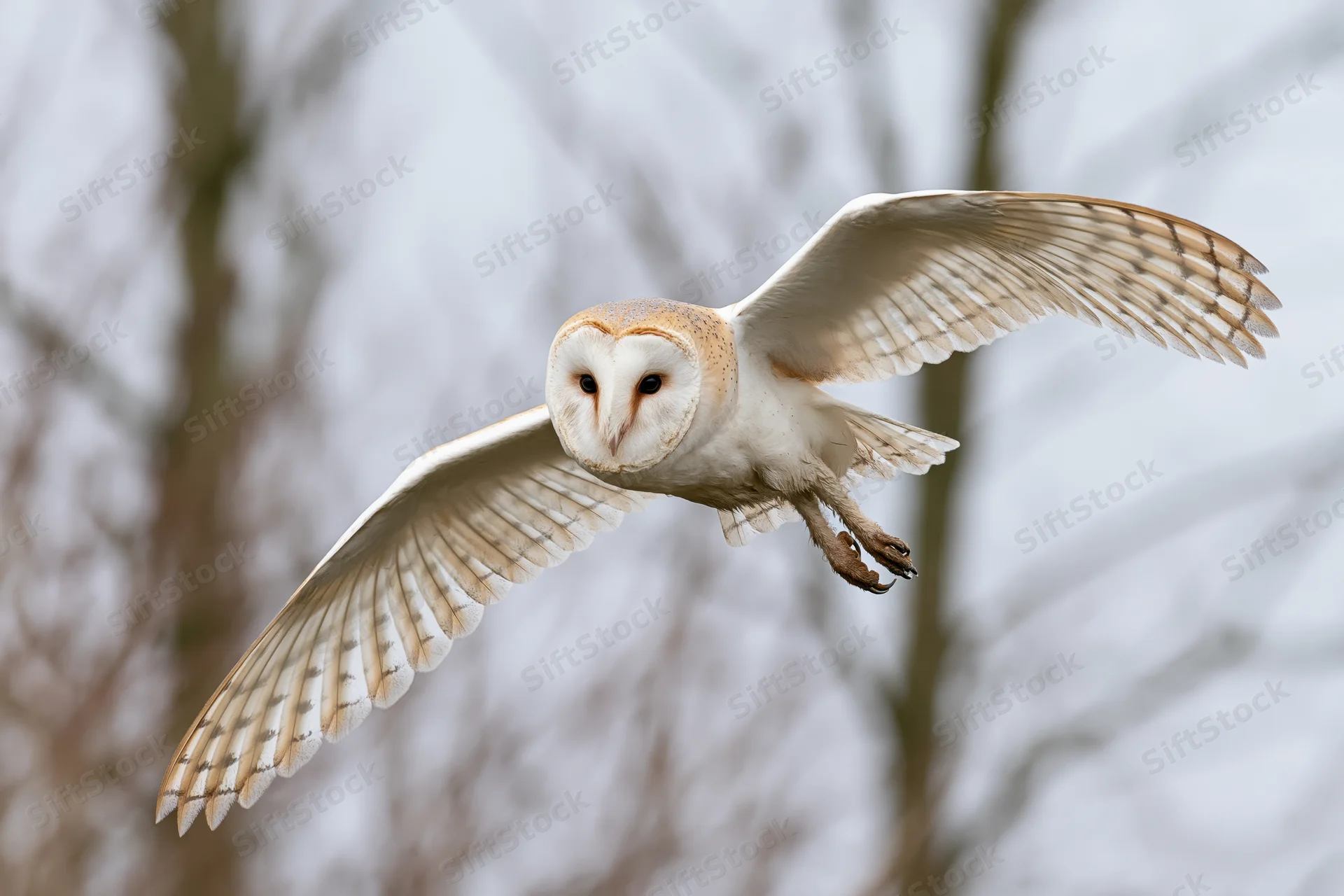 Barn owl flying with wings spread toward camera in forest setting