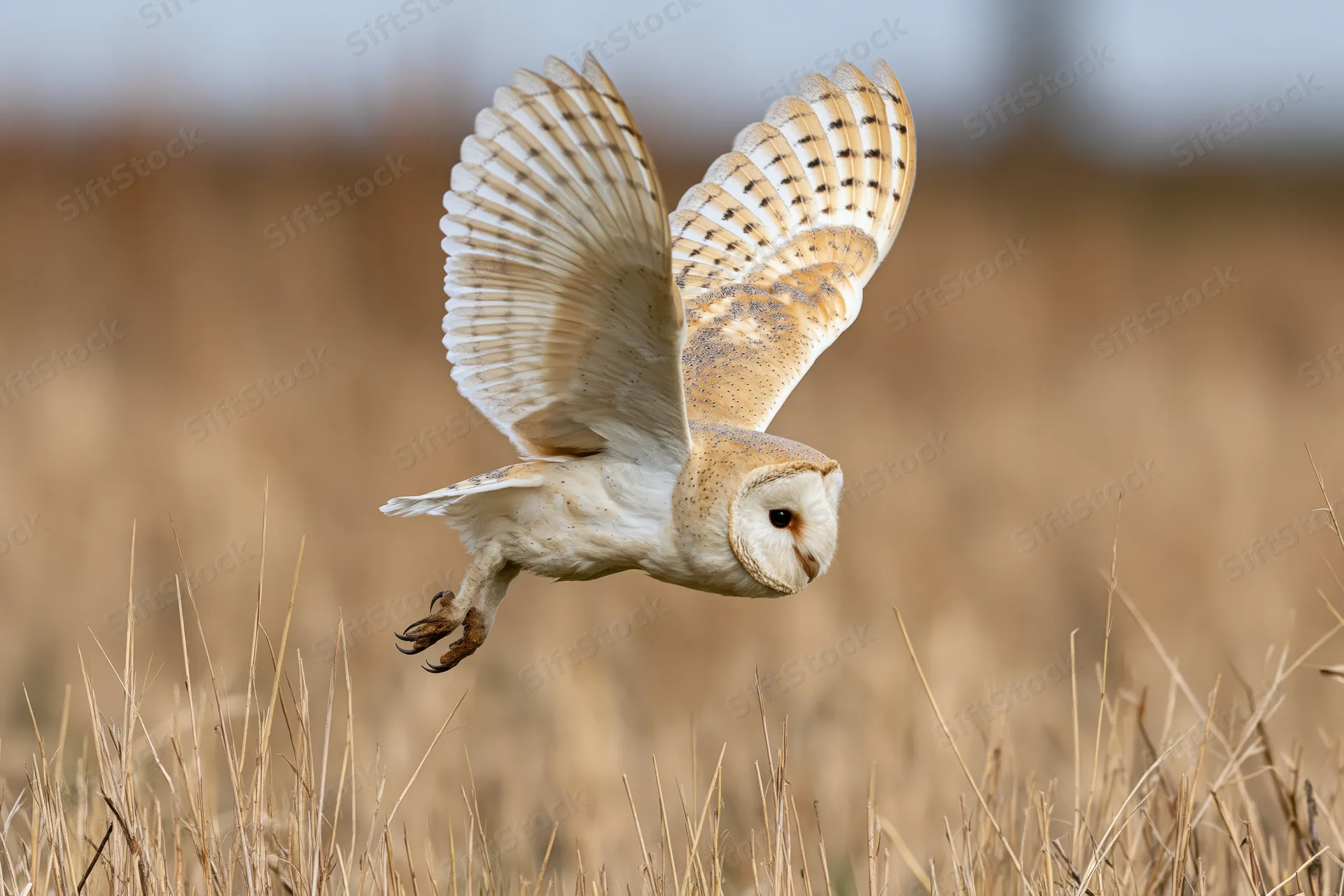 Barn owl diving with wings spread and talons extended over dry grass field