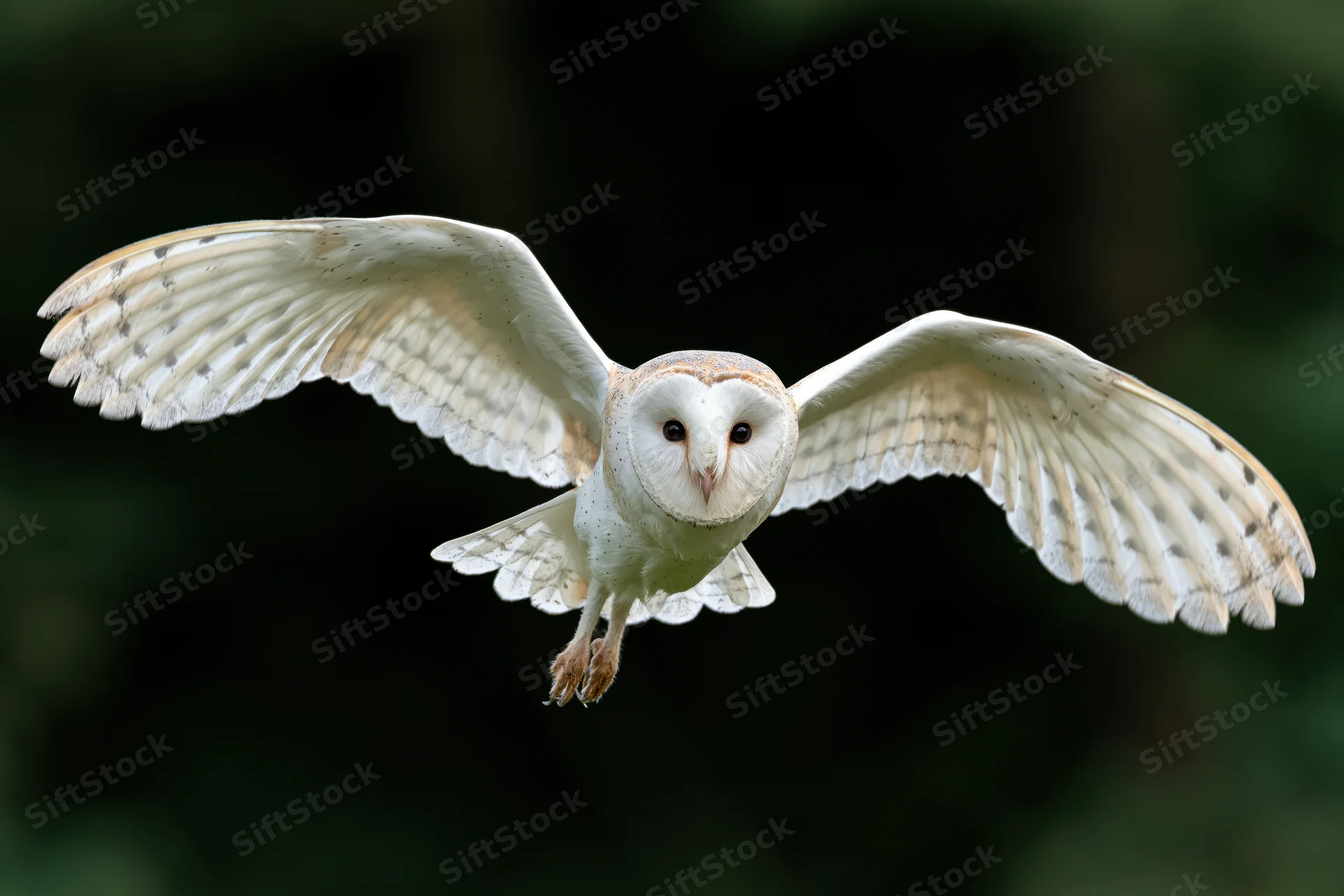 Barn owl in mid-flight with wings spread facing camera against dark forest background