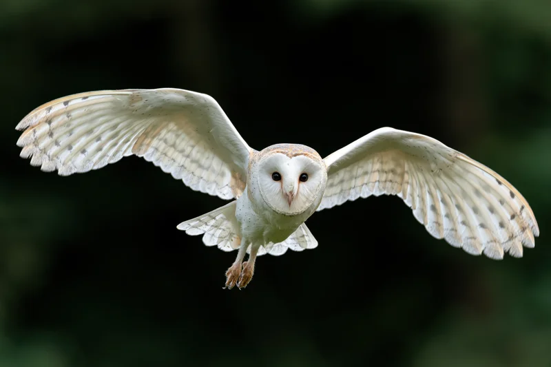 Barn owl in mid-flight with wings spread facing camera against dark forest background