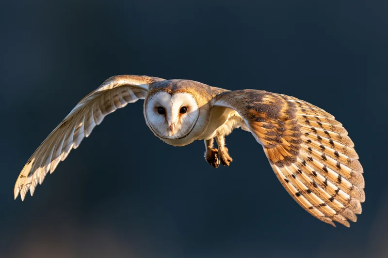 Barn owl in mid-flight with wings fully spread against dark sky