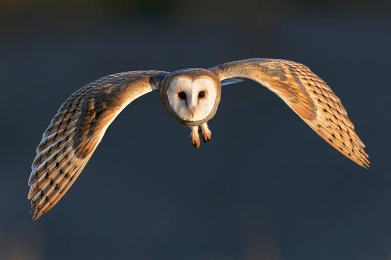 Barn owl in mid-flight with wings fully spread against dark sky