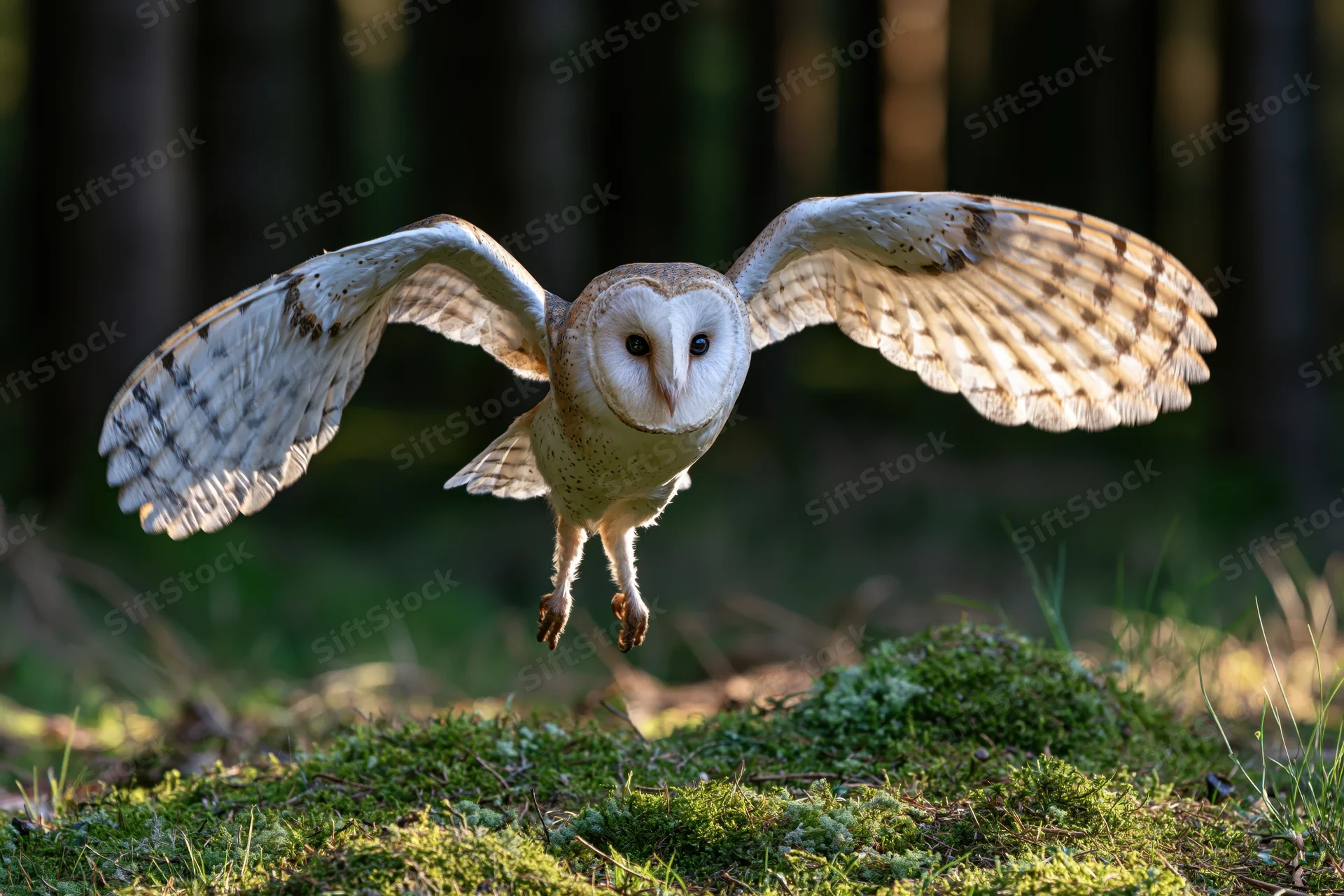 Barn owl in mid-flight with wings spread descending toward mossy ground in forest