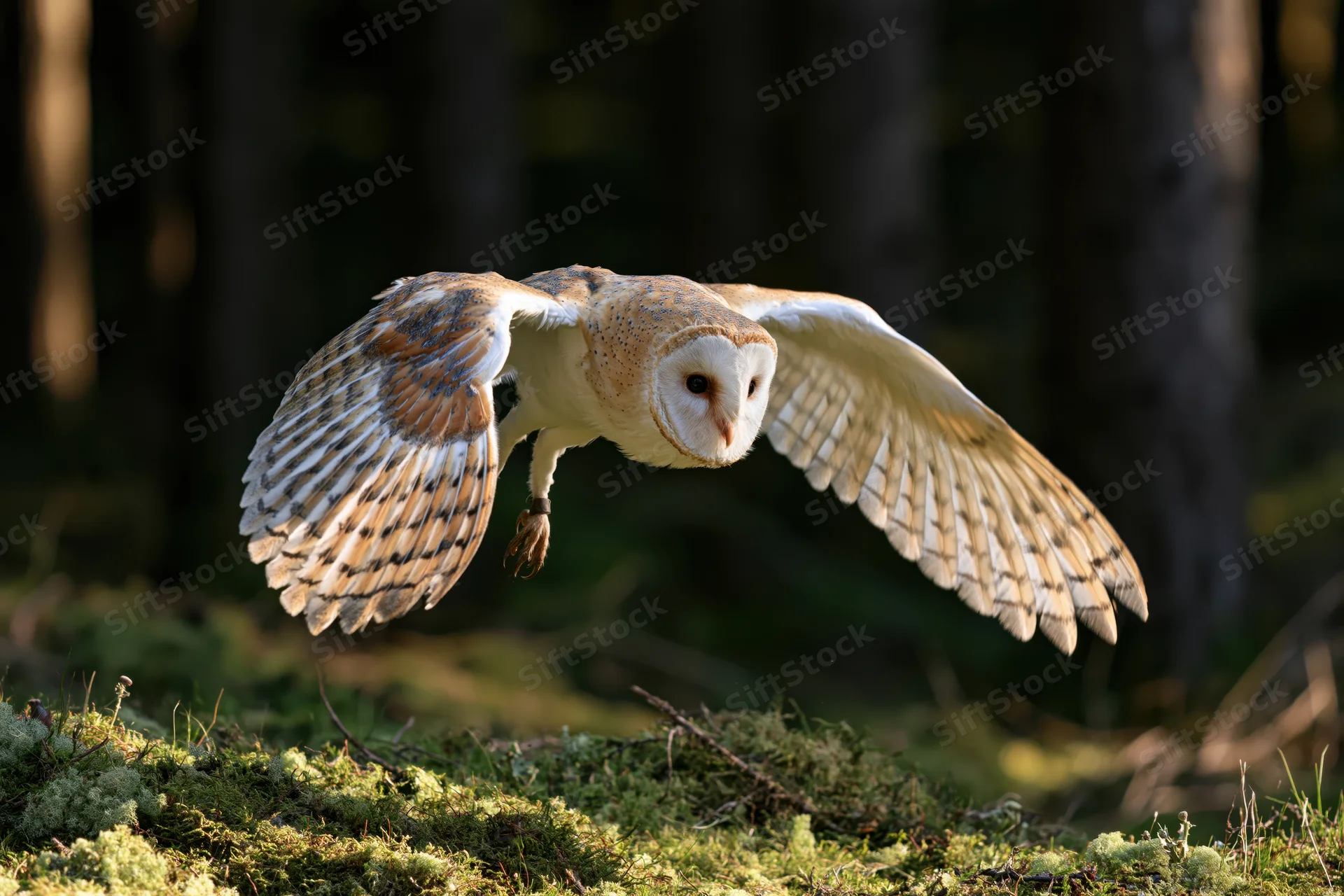 Barn owl in mid-flight with wings spread descending toward mossy forest ground