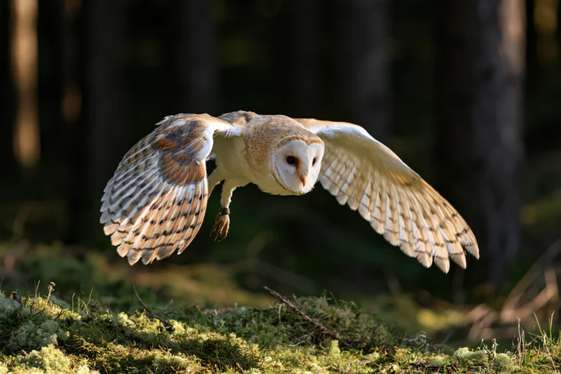 Barn owl in mid-flight with wings spread descending toward mossy forest ground