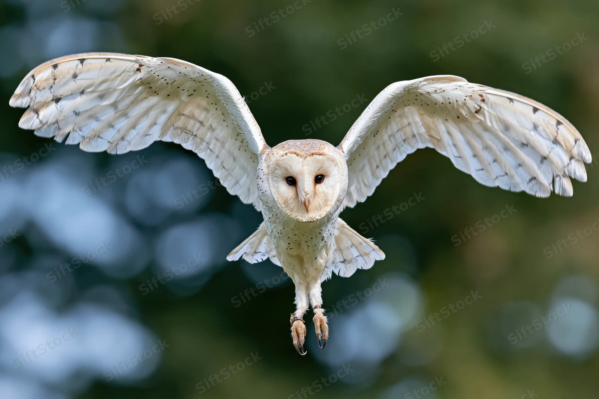 Barn owl in mid-flight with wings fully spread facing camera