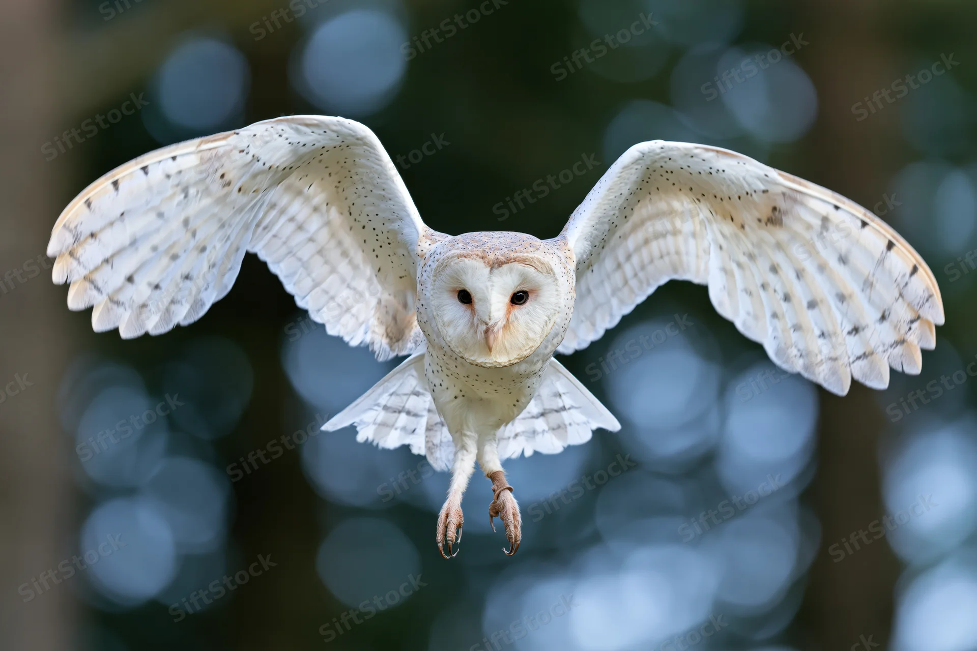 Barn owl in mid-flight with wings fully spread facing camera against blurred forest background
