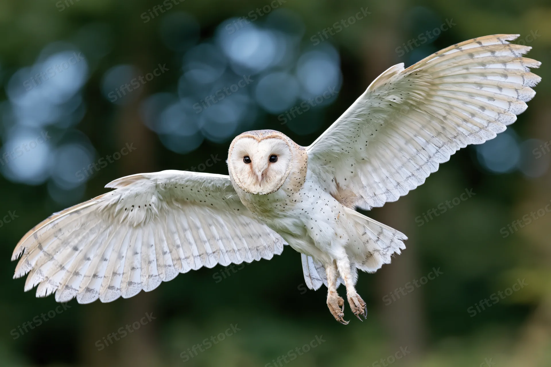 Barn owl in mid-flight with wings spread facing camera in forest setting