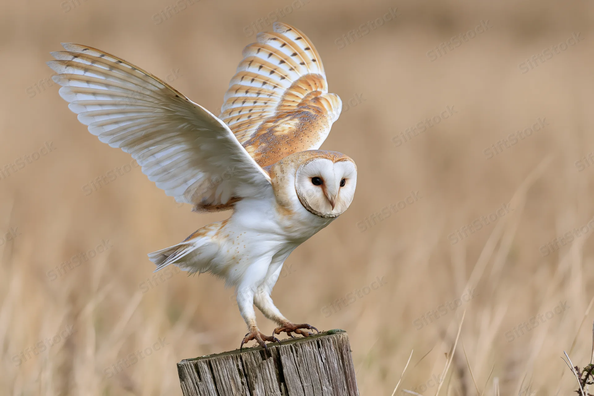 Barn owl landing with wings spread on a weathered wooden stump in a grassy field