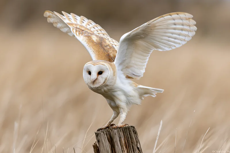 Barn owl landing with wings spread on a weathered wooden stump in a grassy field
