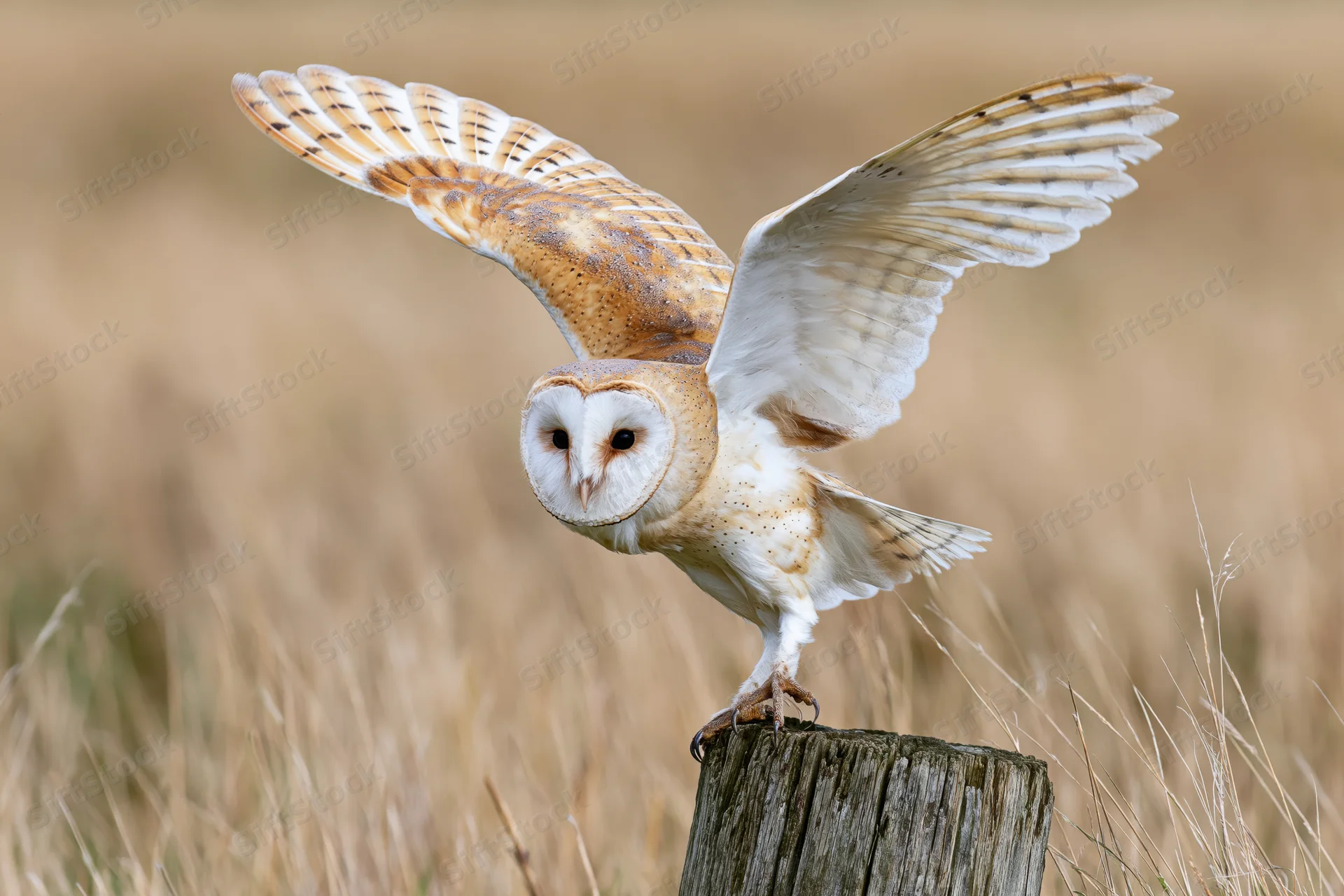 Barn owl landing with wings spread on a weathered wooden stump in a grassy field