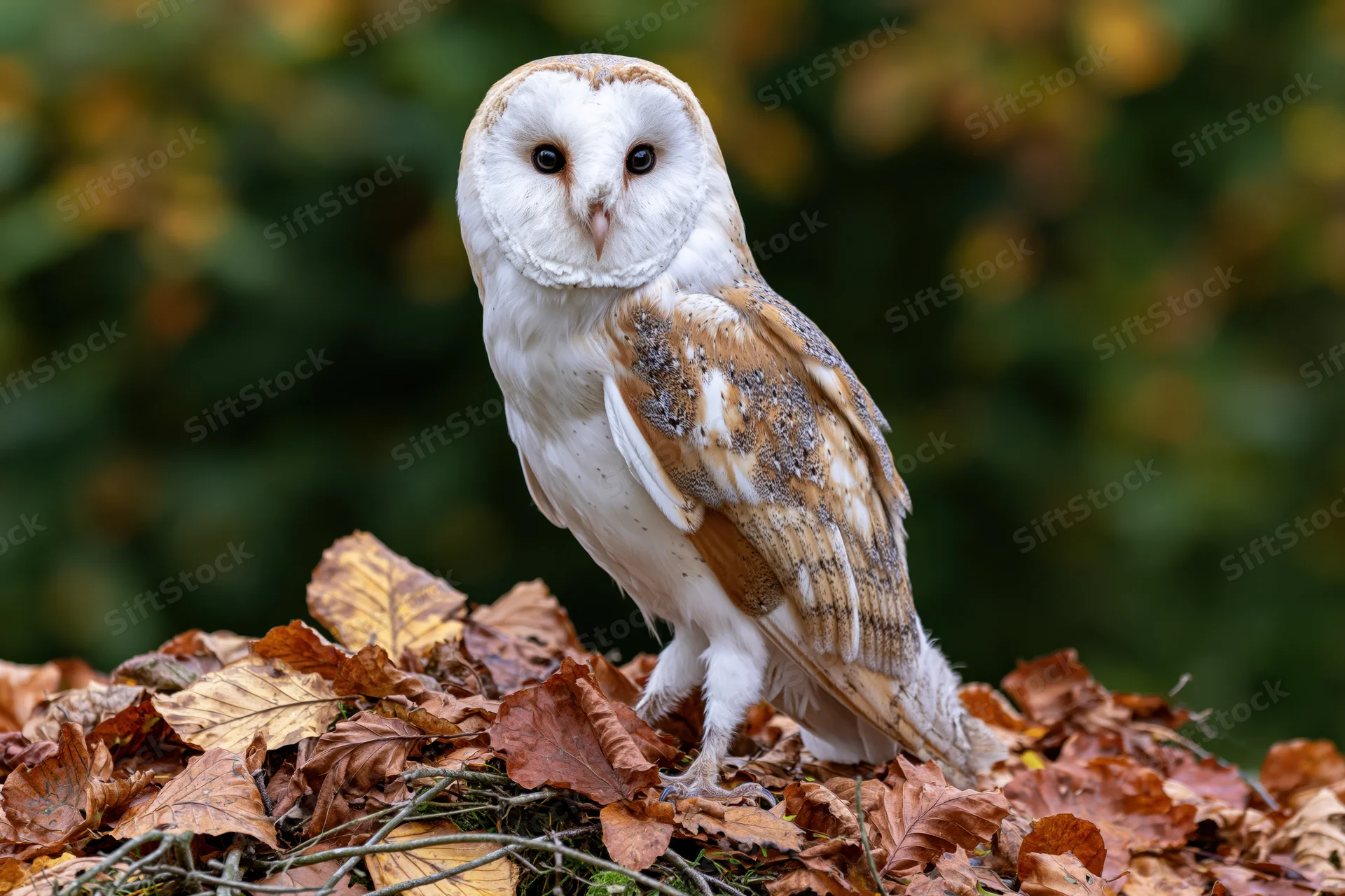 Barn owl perched alert on a pile of fallen autumn leaves in a forest setting