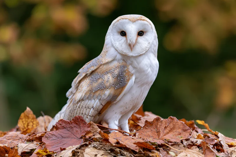 Barn owl perched alert on a pile of fallen autumn leaves in a woodland setting