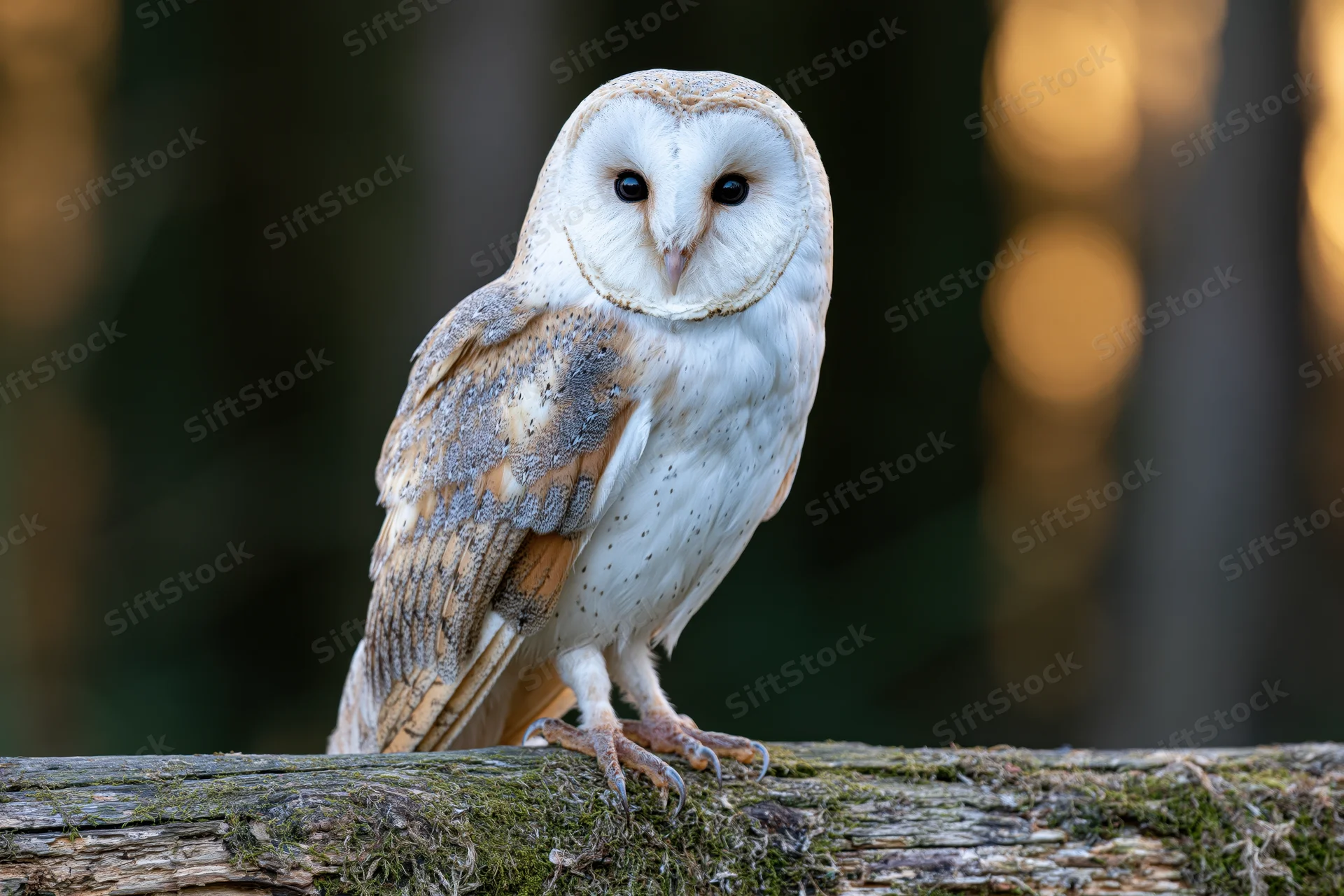 Barn owl perched on a moss-covered log in a forest at dusk