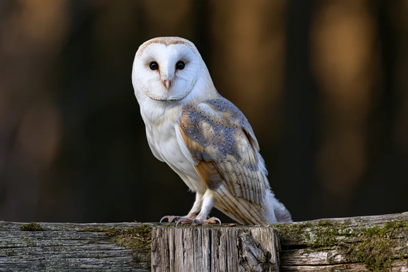 Barn owl perched on a weathered moss-covered wooden fence in a forest setting