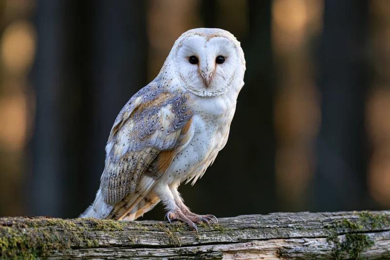 Barn owl perched on a moss-covered wooden log in a forest setting